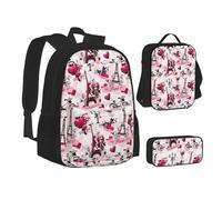 SUHNGE Set di zaini per la scuola 3 in 1 con stampa leopardata arancione e tigre, Torre Eiffel di Parigi, Taglia unica