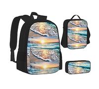 SUHNGE Set di zaino per il pranzo con stampa Merry Christmas, 3 in 1, borsa per la scuola e astuccio abbinato, Spiaggia Tramonto Oceano, Taglia unica