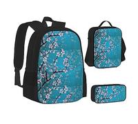 SUHNGE Set di zaino portapranzo con stampa a righe bianche e nere, 3 in 1, borsa per la scuola e astuccio abbinabili, Fiori di ciliegio giapponese, Taglia unica
