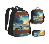 SUHNGE Sunset Beach - Zaino porta pranzo 3 in 1, con borsa per la scuola e astuccio abbinabile, Spiaggia al tramonto, Taglia unica