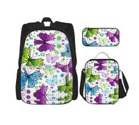SUHNGE Zainetto con stampa a righe, 3 pezzi, con borsa per il pranzo, astuccio per ragazze, scuola media, Farfalla colorata primavera., Taglia unica