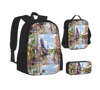 SUHNGE Zainetto con stampa ballerina ballerina, borsa per il pranzo 3 in 1 e astuccio abbinato, Parigi Street Scene Torre Eiffel, Taglia unica