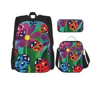 SUHNGE Zainetto con stampa di note musicali, 3 pezzi, borsa per la scuola con borsa per il pranzo, astuccio per ragazze, scuola media, Coccinella colorata, Taglia unica