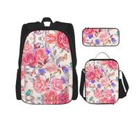 SUHNGE Zainetto con stampa di palloncini e caffè, 3 pezzi, con borsa per il pranzo, astuccio per ragazze, scuola media, Fiore Rosa Farfalla, Taglia unica