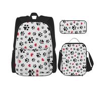 SUHNGE Zainetto con stampa di squame di pesce color foglia di tè, 3 pezzi, con borsa per il pranzo, astuccio per ragazze, scuola media, Love Cat Paw Heart Puppy Foot Print, Taglia unica