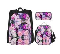 SUHNGE Zaino con stampa di uova di hot dog, 3 pezzi, con borsa per il pranzo, astuccio per ragazze, scuola media, Fiore Natura Colorato, Taglia unica