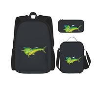 SUHNGE Zaino con stampa serpente verde, 3 pezzi, borsa per la scuola con borsa per il pranzo, astuccio per ragazze, scuola media, Pesce verde., Taglia unica