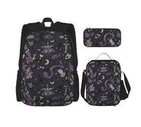 SUHNGE Zaino per la scuola con stampa americana rossa e blu, 3 pezzi, con borsa per il pranzo, astuccio per ragazze, scuola media, Viola Nero Goth Spooky, Taglia unica