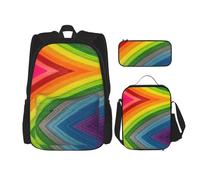 SUHNGE Zaino per la scuola con stampa americana rossa e blu, 3 pezzi, con borsa per il pranzo, astuccio per ragazze, scuola media, Rainbow Color Stripe, Taglia unica