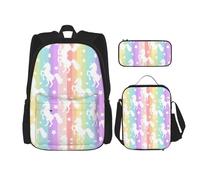 SUHNGE Zaino per la scuola con stampa di farfalle colorate con motivo floreale bianco, 3 pezzi, con borsa per il pranzo, astuccio per ragazze, scuola media, Unicorni su strisce colorate, Taglia unica