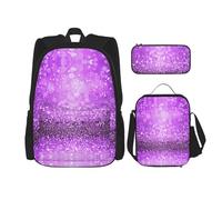 SUHNGE Zaino scolastico 3 in 1 blu e rosa con stampa di fuoco, set con portapranzo, astuccio da viaggio per laptop, Glitter viola scintillante., Taglia unica