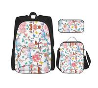 SUHNGE Zaino scolastico 3 in 1 con stampa di baseball, basket, calcio, hockey, set con portapranzo, astuccio da viaggio per laptop, Romantico fantasia floreale uccelli farfalla, Taglia unica