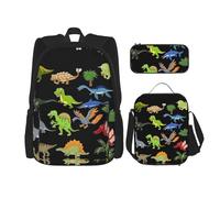 SUHNGE Zaino scolastico 3 in 1 con stampa di bicchieri da cocktail e bottiglie di vino, set con borsa per il pranzo, astuccio da viaggio per laptop, Immagini di dinosauro cartone, Taglia unica