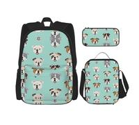 SUHNGE Zaino scolastico 3 in 1 con stampa di cervi e orsi e alci, con portapranzo, astuccio da viaggio per computer portatile, Volti Bulldog Inglese, Taglia unica