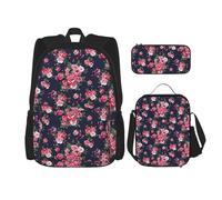 SUHNGE Zaino scolastico 3 in 1 con stampa di rose e teschio, set con portapranzo, astuccio da viaggio per laptop, Fiori di peonia., Taglia unica