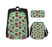 SUHNGE Zaino scolastico 3 in 1 con stampa di rose e teschio, set con portapranzo, astuccio da viaggio per laptop, Coccinelle rosse su uno sfondo blu, Taglia unica