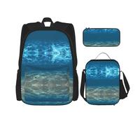 SUHNGE Zaino scolastico 3 in 1 con stampa di squalo blu, set con portapranzo, astuccio da viaggio per laptop, Paesaggio marino ondulato mare blu oceano, Taglia unica