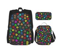 SUHNGE Zaino scolastico 3 in 1 con stampa marmorizzata colorata rosa pastello blu viola set con portapranzo astuccio da viaggio per laptop, Colorato Dog Paw Print Nero, Taglia unica