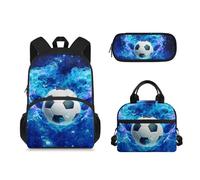 Suhoaziia 3pcs Zaino Scuola per Primaria Medio Alto Studente Bookbags con Lunch Bag Pencil Case, Calcio Fiamma Blu, Zaini Daypack