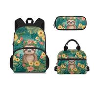 Suhoaziia 3pcs Zaino Scuola per Primaria Medio Alto Studente Bookbags con Lunch Bag Pencil Case, Foresta di bradipi, Zaini Daypack