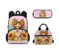 Suhoaziia 3pcs Zaino Scuola per Primaria Medio Alto Studente Bookbags con Lunch Bag Pencil Case, Girasole Corgi, Zaini Daypack