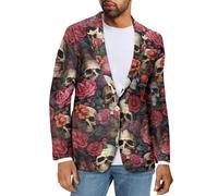 Suhoaziia Blazer casual da uomo, giacca da uomo con risvolto con un bottone, slim fit, cappotto sportivo per matrimoni e balli, Teschio e fiori., M