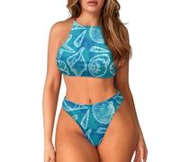 Suhoaziia Costume da bagno da donna a due pezzi con collo alto costumi da bagno bikini bikini atletico costumi da bagno triangolari pantaloni taglia XS-2XL, Motivo a conchiglia, L