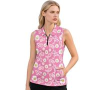 Suhoaziia Polo da golf da donna, senza maniche, con cerniera a un quarto, leggera, per allenamento atletico, con tasche, Margherita del nastro del cancro al seno, XS