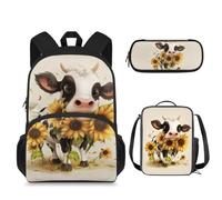 Suhoaziia Set da 3 pezzi con borsa per il pranzo e astuccio per matite, set per la scuola per ragazzi e ragazze, Girasoli di mucca carini, Zaini Daypack