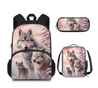 Suhoaziia Set da 3 pezzi con borsa per il pranzo e astuccio per matite, set per la scuola per ragazzi e ragazze, Famiglia lupo, Zaino daypack