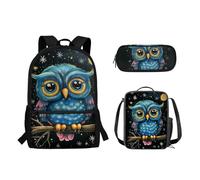 Suhoaziia Set di 3 pezzi con borsa per il pranzo e astuccio per matite, per ragazzi e ragazze, zaino per scuola elementare, media, media, scuola superiore, Gufo Blu Cartoon, Zaini Daypack