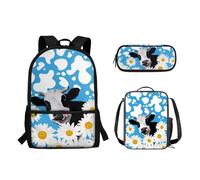Suhoaziia Set di 3 zaini da viaggio per bambini, con borsa termica per il pranzo, astuccio per ragazze, ragazzi, adolescenti, borsa a tracolla, Motivo mucca margherita, Zaini Daypack