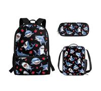 Suhoaziia Set di 3 zaini per la scuola, borsa leggera per libri, matite, borsa per il pranzo, borsa a tracolla grande per laptop per studenti elementari, medio-alti, Squali Fragola, Zaini Daypack
