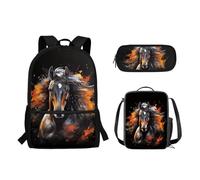 Suhoaziia Set di 3 zaini per la scuola, borsa leggera per libri, matite, borsa per il pranzo, borsa a tracolla grande per laptop per studenti elementari, medio-alti, Cavallo, Zaini Daypack