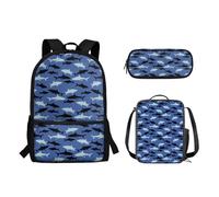 Suhoaziia Set di 3 zaini per la scuola, borsa leggera per libri, matite, borsa per il pranzo, borsa a tracolla grande per laptop per studenti elementari, medio-alti, Squali Marini Blu, Zaini Daypack