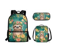 Suhoaziia Set di 3 zaini per la scuola, borsa leggera per libri, matite, borsa per il pranzo, borsa a tracolla grande per laptop per studenti elementari, medio-alti, Foresta di Girasoli Bradipo, Zaini