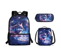 Suhoaziia Set di 3 zaini per la scuola, borsa leggera per libri, matite, borsa per il pranzo, borsa a tracolla grande per laptop per studenti elementari, medio-alti, Lupo stellato galassia, Zaini