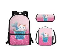 Suhoaziia Set di 3 zaini per la scuola, borsa leggera per libri, matite, borsa per il pranzo, borsa a tracolla grande per laptop per studenti elementari, medio-alti, Sirena gatto, Zaini Daypack