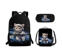 Suhoaziia Set di 3 zaini per la scuola, borsa leggera per libri, matite, borsa per il pranzo, borsa a tracolla grande per laptop per studenti elementari, medio-alti, Gatto Astronauta, Zaini Daypack