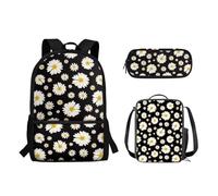 Suhoaziia Set di 3 zaini per la scuola con borsa per il pranzo e astuccio, per ragazzi e ragazze, borsa per laptop 3 in 1, Margherita floreale., Zaini Daypack