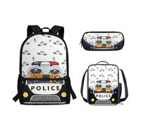 Suhoaziia Set di 3 zaini per la scuola con borsa termica per il pranzo e astuccio per matite per studenti elementari, medio-alti, Stampa auto della polizia, Zaini Daypack