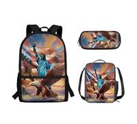 Suhoaziia Set di 3 zaini per la scuola con borsa termica per il pranzo e astuccio per matite per studenti elementari, medio-alti, Statua della Libertà Bandiera degli Stati Uniti Aquila, Zaini Daypack