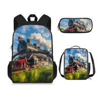 Suhoaziia Set di 3 zaini per la scuola, grande borsa per libri con borsa termica per il pranzo e astuccio per matite, Treno in movimento, Zaino daypack