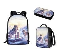 Suhoaziia Set di 3 zaini per la scuola, zaino da viaggio per ragazze ragazzi bambini borsa per libri scolastici per donne portapranzo astuccio, Famiglia Lupo delle, Etichettalia unica
