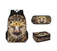 Suhoaziia Set di 3 zaini per le scuole elementari, medie e superiori, con portapranzo, astuccio leggero per ragazze, ragazzi, adolescenti, borsa per la scuola, Motivo girasole mucca, Zaini Daypack
