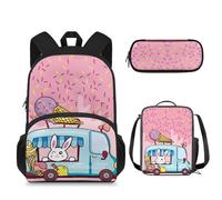 Suhoaziia Zaino per la scuola con borsa per il pranzo e astuccio, 3 in 1 per ragazzi e ragazze, borsa per computer portatile da viaggio, borsa per studenti, Coniglio Macchina Gelato, Zaini Daypack