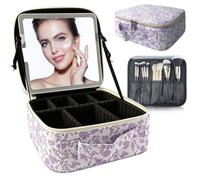 SUILU Beauty case con specchio a LED, con 3 impostazioni di colore, contenitore portatile e divisori regolabili, borsa per trucco floreale, per donne e truccatori, grandi custodie per trucco, Viola