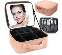 SUILU Beauty case da viaggio con specchio illuminato a LED, organizer da viaggio per trucchi, borsa per il trucco con illuminazione a 3 colori, contenitore portatile e divisori regolabili, Cachi, 10.2
