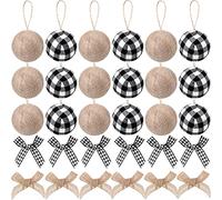 Suilung 30 decorazioni per albero di Natale, 18 palline di iuta a quadri di bufalo con 12 mini fiocchi in iuta scozzese, per la casa rustica, per interni (bianco nero)
