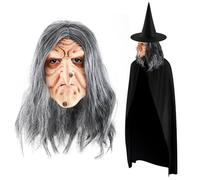Suilung Accessori per Costumi Cosplay di Halloween Includono Maschera da Strega Anziana con Capelli Cappello da Strega Mantello Nero Maschera in Lattice a Testa Intera Spaventosa Adulti per Carnevale